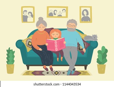 Happy grandparents reading book with grandaughter. Senior man, senior woman and kid sitting on sofa at home. Heartwarming grandparenting, family, generation concept. Original vector illustration.