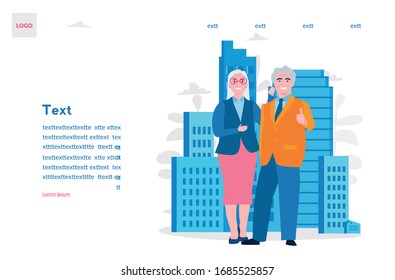 Happy Grandparents retirees in smart city, old man, senior woman, Vector illustration for web banner, infographics, mobile. big city with happy old people
