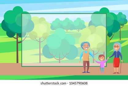 Happy grandparents senior couple walking with grandson holding hands on background of green trees in city park vector with frame for text