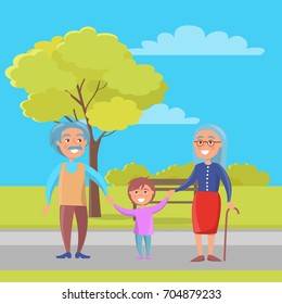 Happy grandparents senior couple walking with grandson holding hands on background of bench and green tree in city park vector illustration