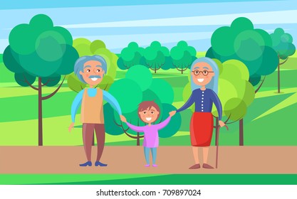 Happy grandparents senior couple walking with grandson holding hands on background of green trees in park vector illustration
