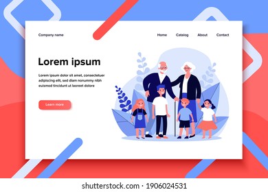 Happy grandparents spending leisure time with grandchildren. Senior couple and kids together flat vector illustration. Family, togetherness concept for banner, website design or landing web page