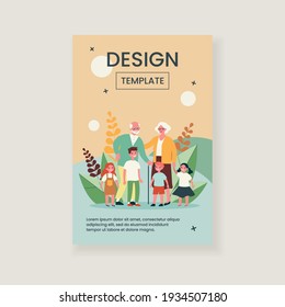 Happy grandparents spending leisure time with grandchildren. Senior couple and kids together flat vector illustration. Family, togetherness concept for banner, website design or landing web page