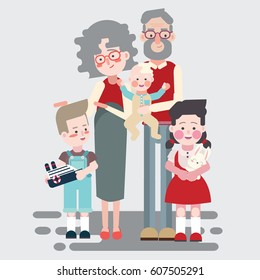 Happy grandparents with their three grandchildren. Isolated vector illustration