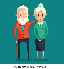 Happy grandparents. Vector cartoon illustration. Grandparents day. Grandpa and grandma standing full length smiling. Elderly couple. Love.