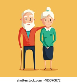 Happy grandparents. Vector cartoon illustration. Grandparents day. Grandpa and grandma standing full length smiling. Elderly couple. Love.