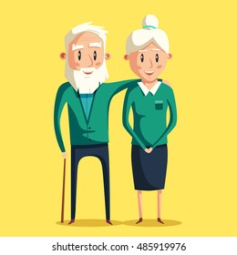 Happy grandparents. Vector cartoon illustration. Grandparents day. Grandpa and grandma standing full length smiling. Elderly couple. Love.