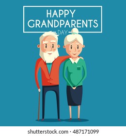 Happy grandparents. Vector cartoon illustration. Grandparents day. Grandpa and grandma standing full length smiling. Elderly couple. Love.