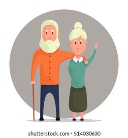 Happy grandparents. Vector cartoon illustration. Grandparents day. Grandpa and grandma standing full length smiling. Elderly couple. Love.