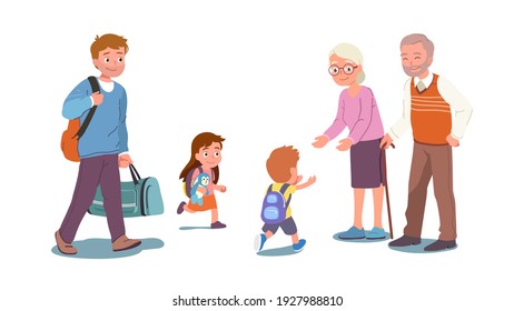 Happy grandson, granddaughter children run to grandfather, grandmother hands. Father pulling wheel suitcase. Grandparents greeting visiting grandchildren kids. Meeting family flat vector illustration