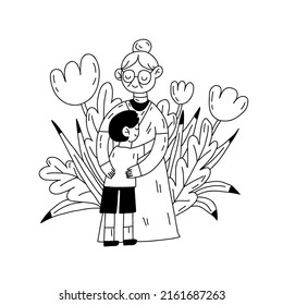 Happy grandson meeting and hugging grandmother. Cute family scene. Kids visiting grandparents. Flat outline vector cartoon illustration isolated on white background. 