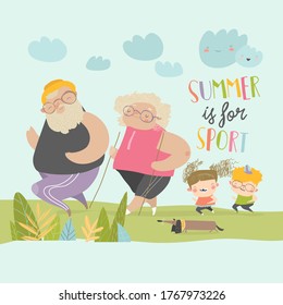 Happy grangparents doing sport with little grandchildren