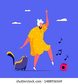 Happy grannny dansing and having fun in a cheerful mood. Elder dancer. Vector flat portrait of old cute woman hanging out with her cat. Cartoon style. Character illustration. Healthy lifestyle.