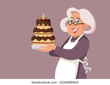 
Happy Granny with a Birthday Celebration Cake Vector Cartoon. Cheerful elderly home cook baking an anniversary dessert 
