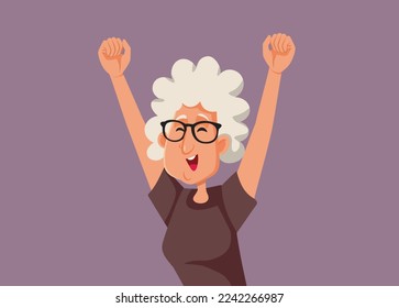 
Happy Granny Celebrating Feeling Joyful Vector Cartoon Illustration. Exuberant granny feeling positive and optimistic raising hands expressing joy 
