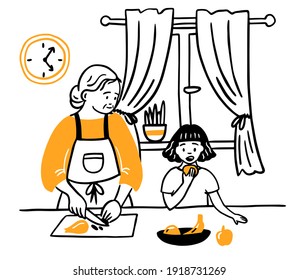 Happy granny cooks with her granddaughter, vector illustration. cut vegetables, salad. doodle hand drawing, sketch. on an isolated white background