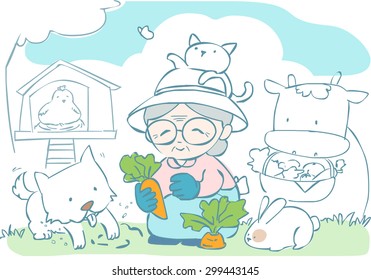 happy granny gardening with her pet vector illustration