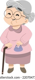 Happy granny or Grand Mother holding purse and walking stick