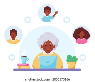 Happy granny having video call with children. Grandmother communicating online using laptop. Vector illustration