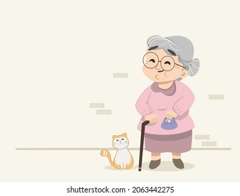 Happy granny with her cat. Grandmother wearing glasses. Cute granny holding purse and cat scene. Flat isolated designed vector illustration.