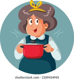 
Happy Granny Holding Cooking Pot Vector Cartoon Illustration. Elderly home cook holding a main dish in a cooker recipient 
