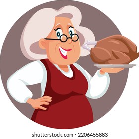 
Happy Granny Holding a Festive Roasted Turkey Vector Cartoon Illustration. Cheerful grandmother serving a traditional holiday meal on a platter
