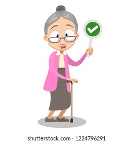 Happy granny holding right check mark. Joyful grandma with walking stick cartoon animated personage. Male patient rehabilitation after illness. Old age infirmity and disability vector illustration.