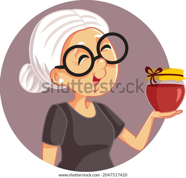 Happy Granny with a\
Jar of Homemade Jam Vector Cartoon\
Grandmother holding her special\
marmalade can\
