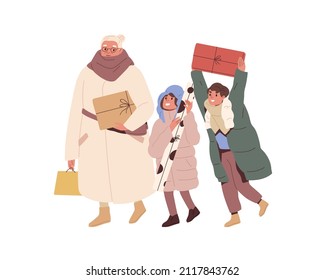 Happy granny and kids go with Christmas gifts in hands after winter shopping. Grandmother and children walk and hold present boxes for holidays. Flat vector illustration isolated on white background