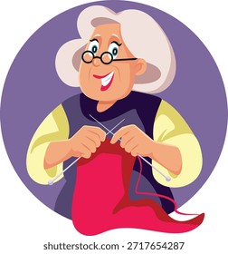 
Feliz Abuela Tejiendo una Bufanda Vector Ilustración de Dibujos Animados. Señora mayor que hace un accesorio hecho a mano con amor y habilidad