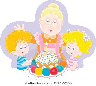 Happy granny and little kids at their festive table with a traditional sweet holiday cake and colorfully painted Easter eggs, vector cartoon illustration isolated on a white background