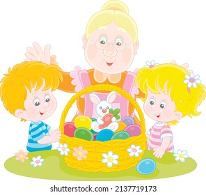 Happy granny and merry little children with a traditional holiday basket of colorfully painted Easter eggs and a cute toy bunny, vector cartoon illustration isolated on a white background