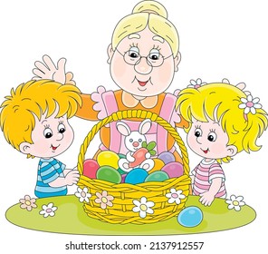 Happy granny and merry little children with a traditional holiday basket of colorfully painted Easter eggs and a cute toy bunny, vector cartoon illustration isolated on a white background