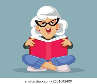 
Feliz abuela leyendo un libro Vector ilustración de dibujos animados. Abuela despreocupada leyendo como un hobby una novela más vendida
