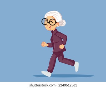 
Ilustración de dibujos animados de la abuela feliz corriendo y ejerciendo el vector. Jugador adulto alegre que realiza entrenamiento cardiovascular en ropa deportiva 
