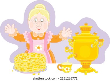 Happy granny with tasty traditional pancakes and an old village samovar for holiday tea, vector cartoon illustration isolated on a white background