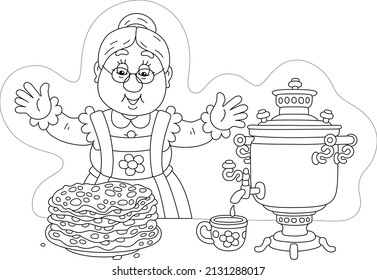 Happy granny with tasty traditional pancakes and an old village samovar for holiday tea, black and white vector cartoon illustration for a coloring book page