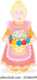 Happy granny with a traditional holiday cake and colorfully painted Easter eggs for a festive table, vector cartoon illustration isolated on a white background