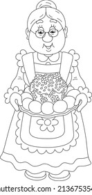 Happy granny with a traditional holiday cake and painted Easter eggs for a festive table, black and white vector cartoon illustration for a coloring book