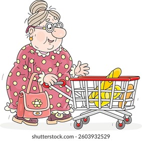 Happy granny walking with a shopping cart full of bread through a bakery section of a shop, vector cartoon illustration on white