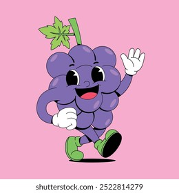 Feliz fruta de uva caminando mascota de dibujos animados