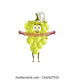 Happy grape mascot with expander. Cute ripe fruit character doing fitness exercise, vector happy smiling grapes mascot training with elastic band. Comic fruit personage going healthy lifestyle