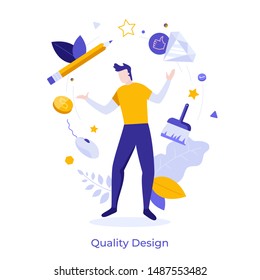 Happy graphic designer surrounded by whirl with professional tools - pencil, brush, mouse pad. Concept of quality design, creative freelance work, creativity. Modern flat vector illustration.