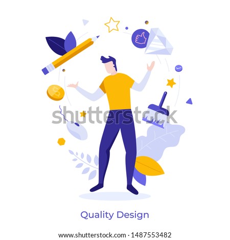 Happy graphic designer surrounded by whirl with professional tools - pencil, brush, mouse pad. Concept of quality design, creative freelance work, creativity. Modern flat vector illustration.