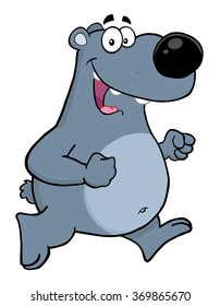 Happy Gray Bear Cartoon Character Running With Speech Bubble. Vector Illustration Isolated On White