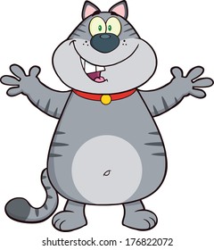 Happy Gray Cat Cartoon Mascot Character With Open Arms For Hugging. Vector Illustration Isolated on white
