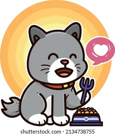 happy gray cat eat pet food adorable cartoon doodle vector illustration flat design style