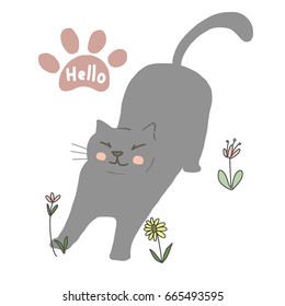 Happy gray cat stretching its back and breathing fresh air outdoors. Cute paw with wording - Hello included. Vector illustration with hand-drawn style.