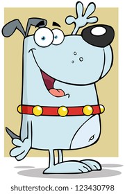 Happy Gray Dog Cartoon Character Waving
