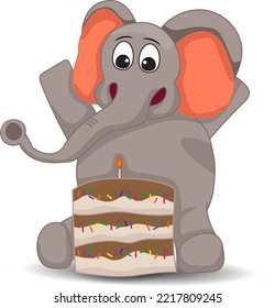 Fröhliche graue Elefantenkappe sitzt mit Kuchen.Fröhliches Geburtstagskonzept
